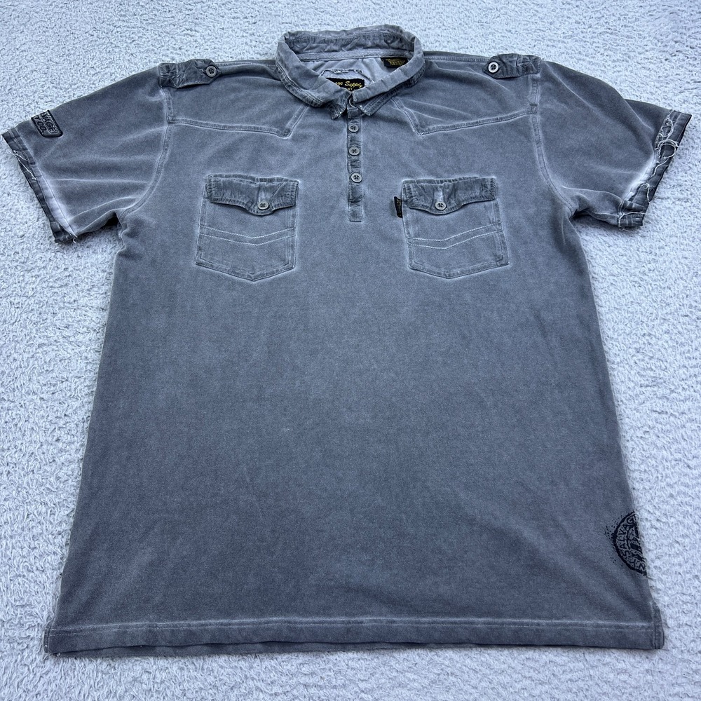 Salvage Supply‎ Co Shirt XL Gray Henley Polo Pocket Patch Y2K Grunge Industrial